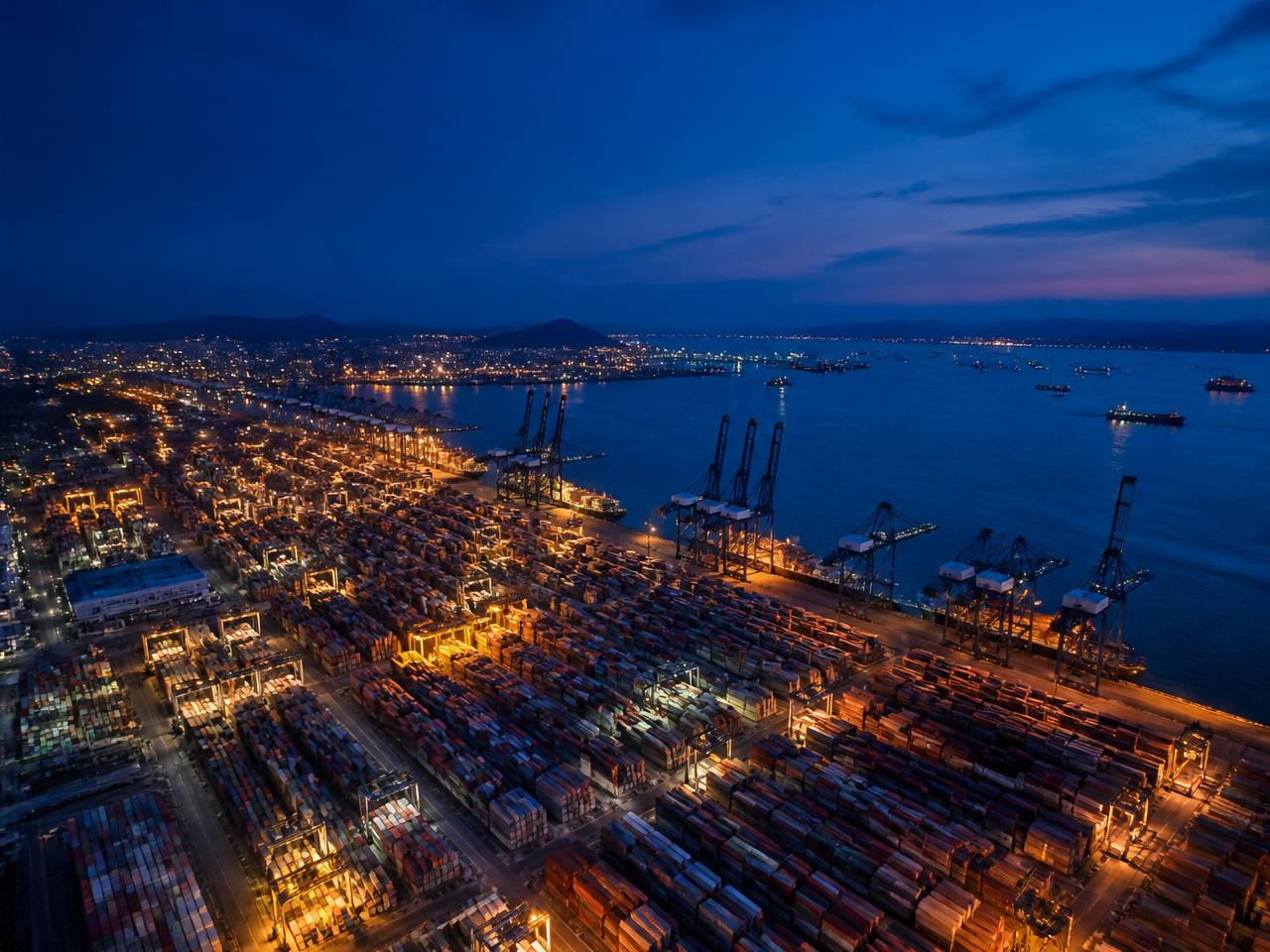 Aerial view of a container shipping port at dusk